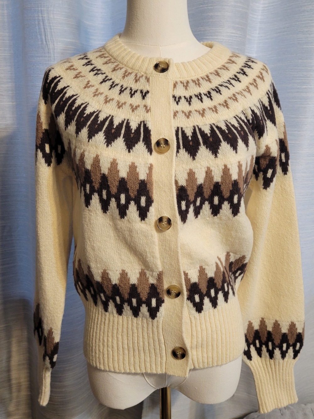 Cream and Brown Patterned Button-Up Cardigan